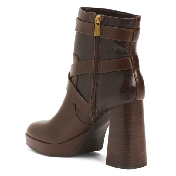 VINCE CAMUTO Root Beer Leather Coliana Stacked Heel Booties - Picture 2 of 2
